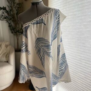 One-Shoulder White and Blue Leaf Print Swim Suit Cover Up